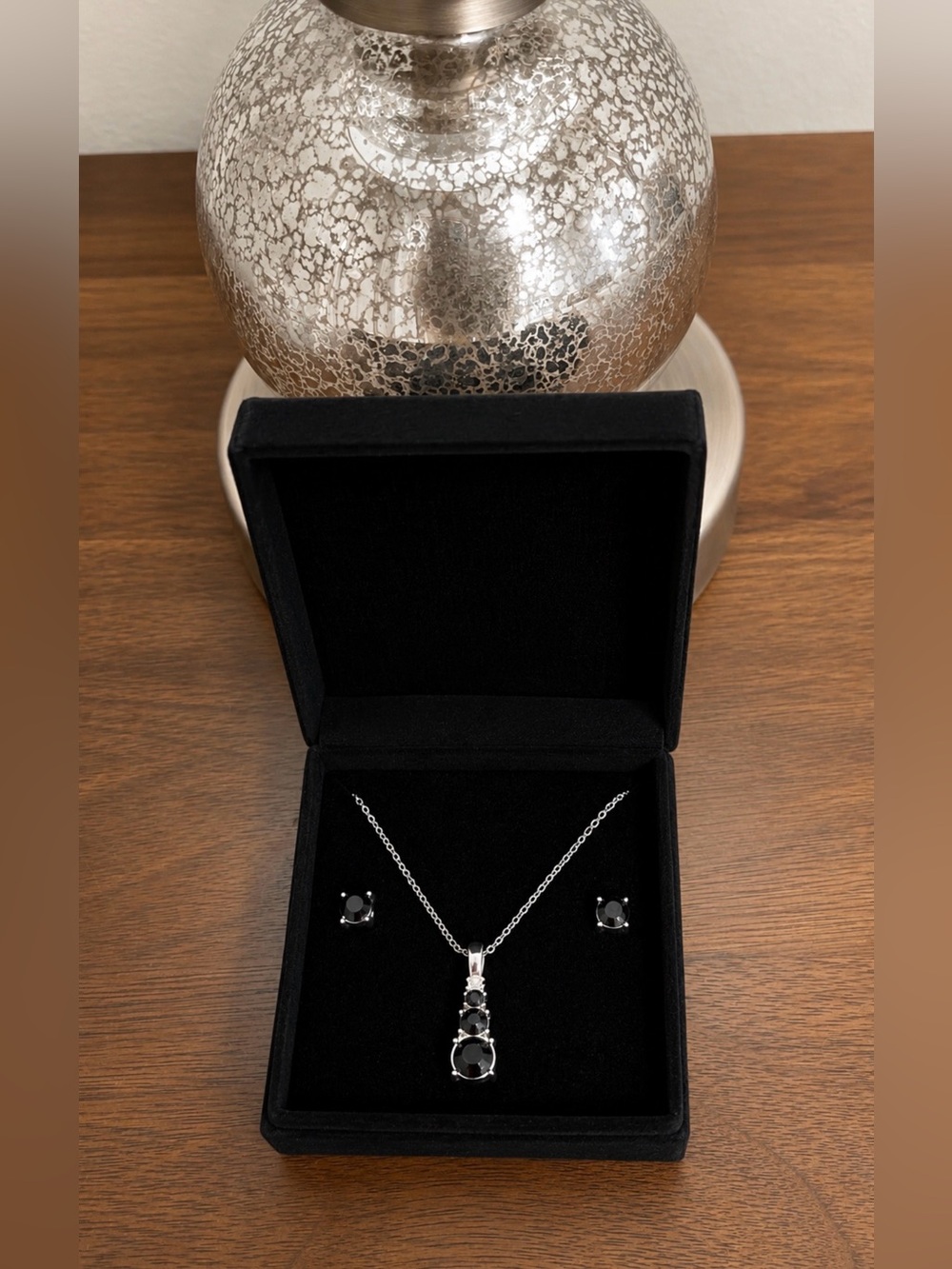 Sterling Silver Black Stone Pendant Necklace and Stud Earrings Set